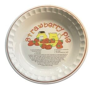 Vintage Recipe Pie Plate Strawberry Baking‎ Dish White 11 Inch Ceramic Bakeware